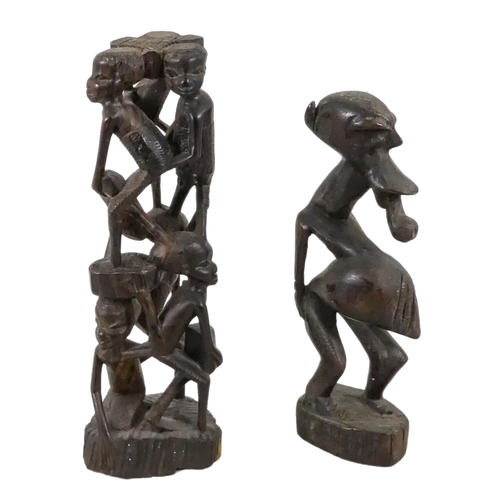 1155 - A collection of African carved hardwood figures - together with a walking cane, and four hide covere... 