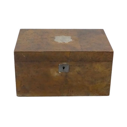 1156 - An early 20th century birdseye veneered box - rectangular with a white metal shield shaped vacant ca... 