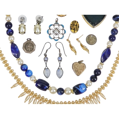 304 - A small quantity of costume jewellery - including a seed pearl necklace, a blue bead necklace and su... 