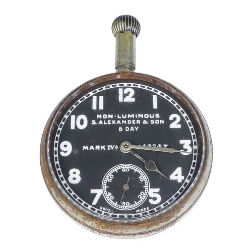 526 - A WWI pocket watch by Alexander & Son - mark IVa, the black dial set out with non luminous Arabic nu... 