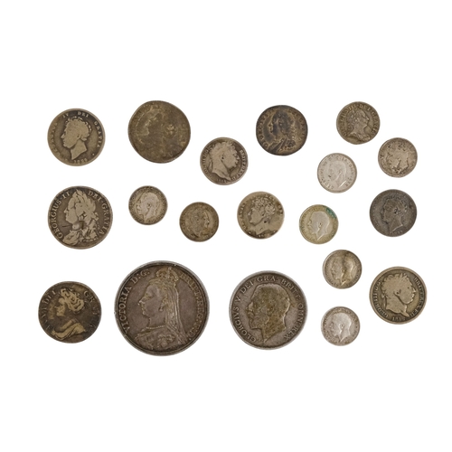571 - Nineteen various UK silver coins - including Queen Anne to George VI, mostly 18th century. (19)