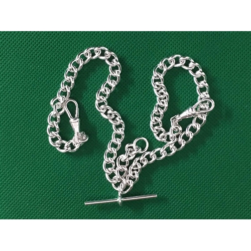 98 - Double Albert silver plated watch chain with clasp & T bar