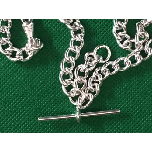 98 - Double Albert silver plated watch chain with clasp & T bar