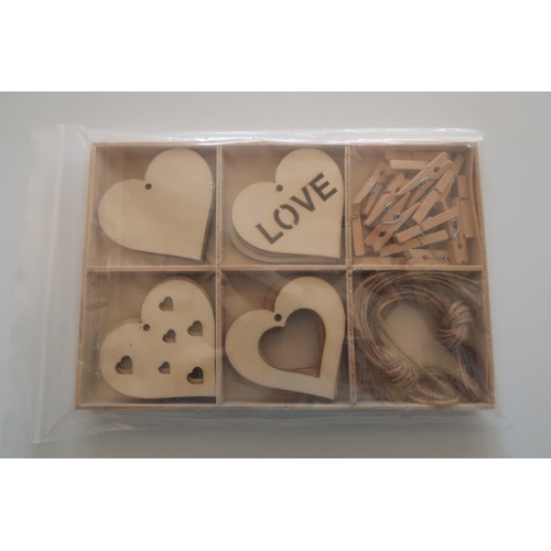 103 - New box of assorted wooden craft hearts