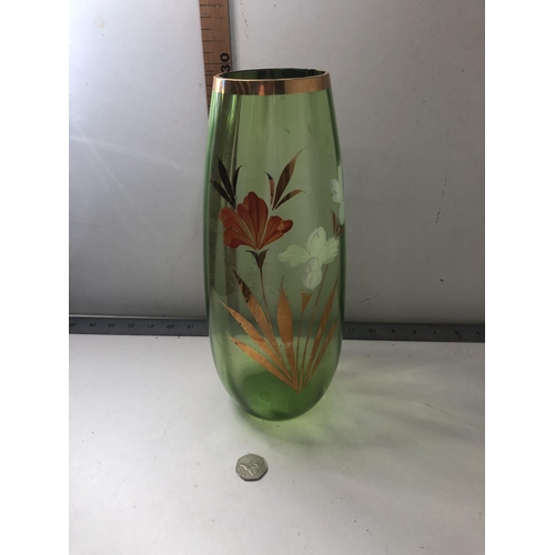 48 - Hand painted green glass vase