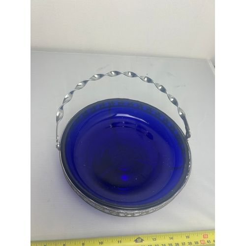 107 - Cobalt Glass Bowl in Silver Tone Basket