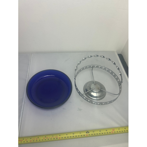 107 - Cobalt Glass Bowl in Silver Tone Basket