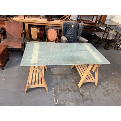 318 - Glass Top Trestle Table, Height Adjustable