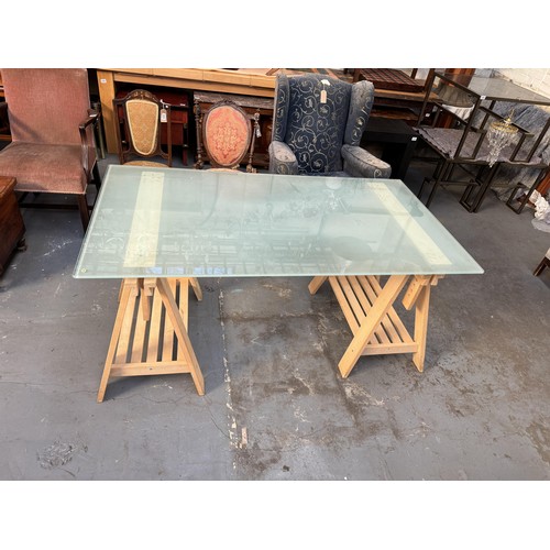 318 - Glass Top Trestle Table, Height Adjustable