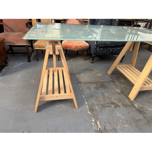 318 - Glass Top Trestle Table, Height Adjustable