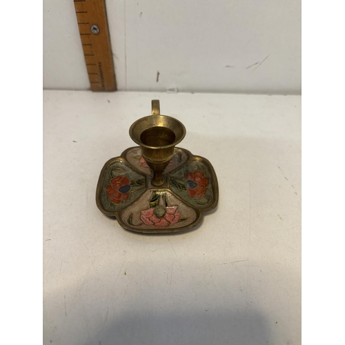 70 - Brass & enamel candle stick holder