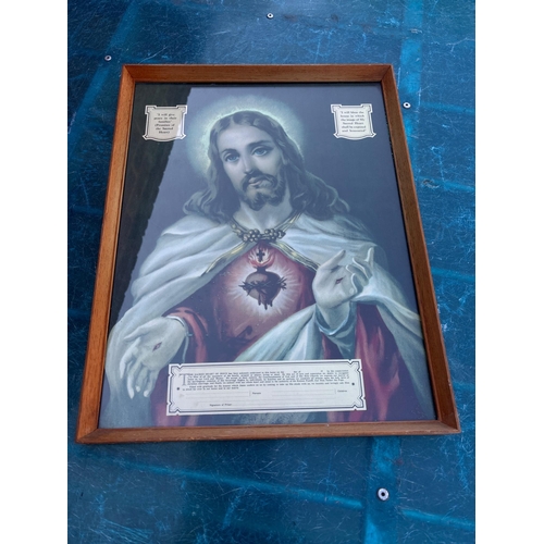 159 - Framed print depicting Jesus with inscriptions and a Sacred Heart emblem, housed in a wooden frame.p... 