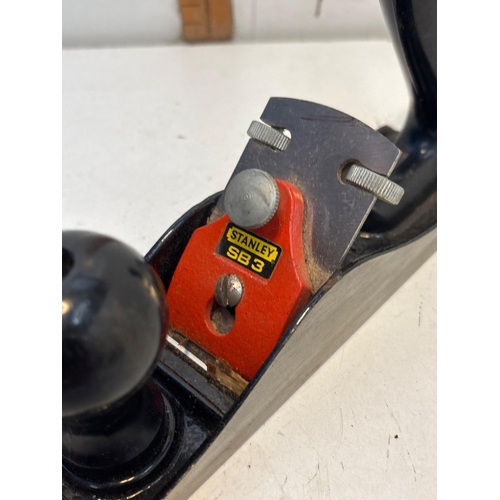 108 - Stanley SB3 hand plane with cast metal body and red chipguard. Features a black knob and handle. Equ... 