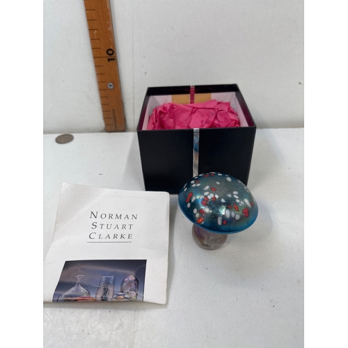 66 - Norman Stuart Clarke glass mushroom ornament with original box.
