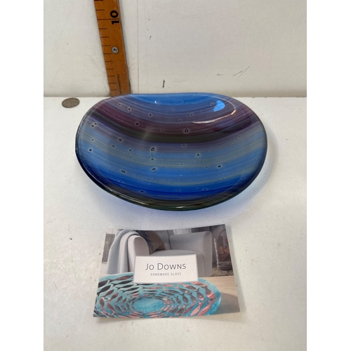 68 - Jo Downs handmade fused glass decorative dish in blue tones.
