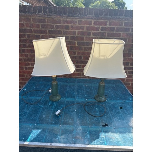73 - Table lamps with green bases, brass accents, and fabric shades. Wired for use.not postable