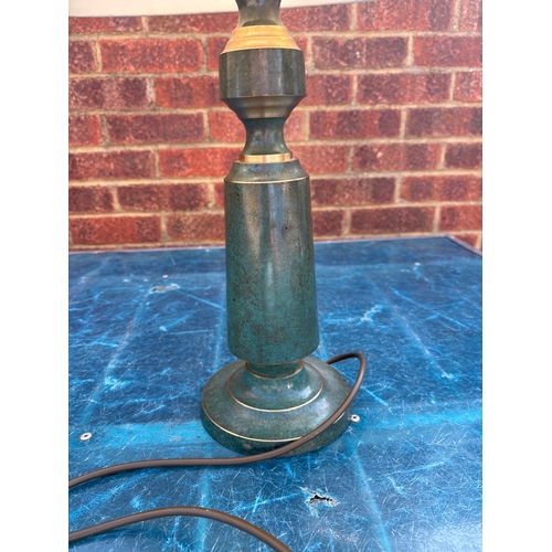 73 - Table lamps with green bases, brass accents, and fabric shades. Wired for use.not postable