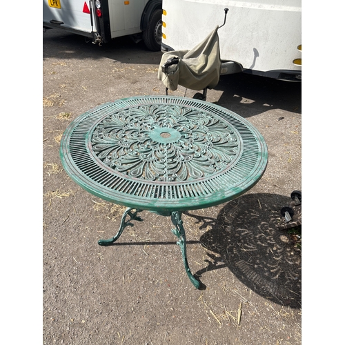 87 - Green-painted cast aluminum round table with ornate design