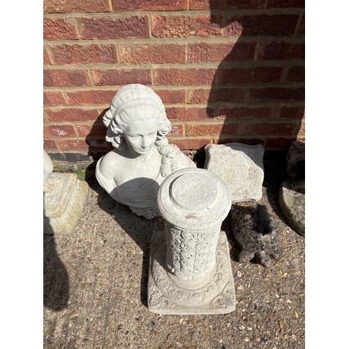 88 - Five outdoor stone statues including human and animal designs. Features a birdbath, classical bust, ... 