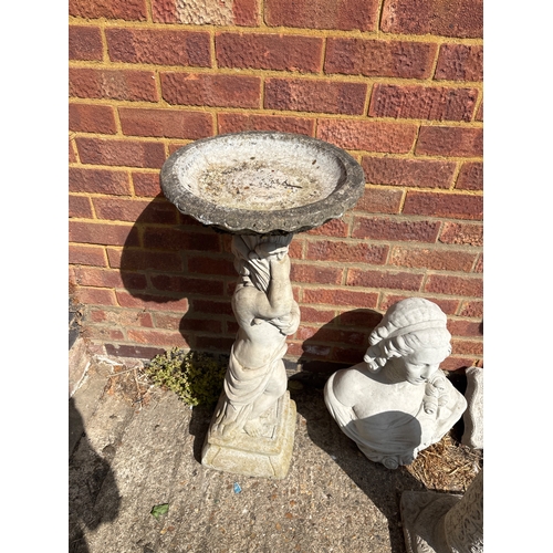 88 - Five outdoor stone statues including human and animal designs. Features a birdbath, classical bust, ... 