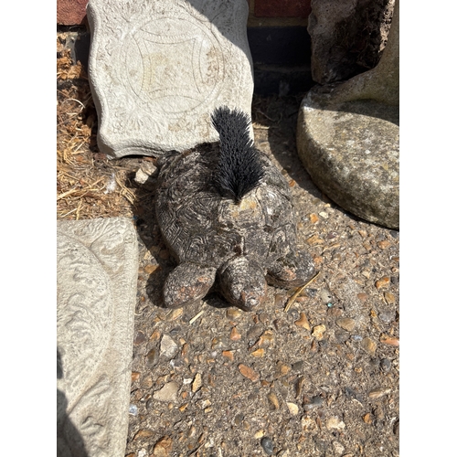 88 - Five outdoor stone statues including human and animal designs. Features a birdbath, classical bust, ... 