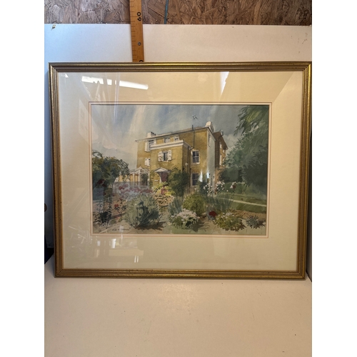 94 - Framed watercolor painting of a building and garden, signed by Alan W. Palmer.not postable