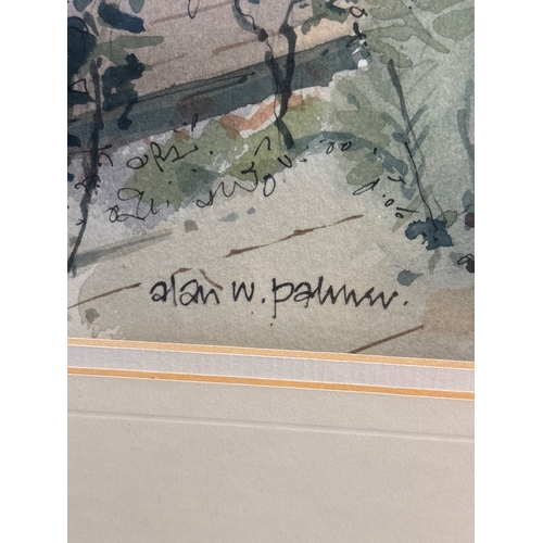 94 - Framed watercolor painting of a building and garden, signed by Alan W. Palmer.not postable