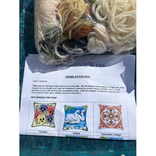 98 - Cross-stitch kits by Anderson & Webb with materials, patterns for pansies, swans, and geometric desi... 