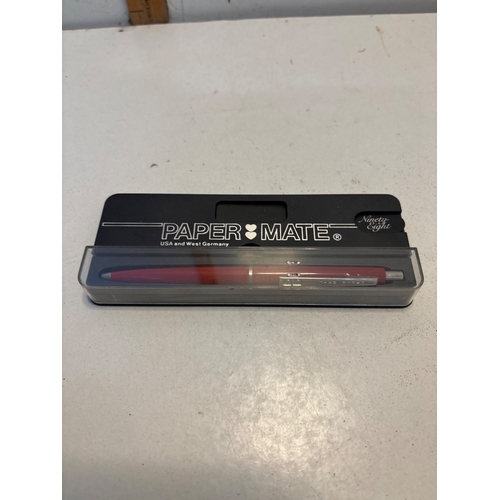 121 - Paper Mate pen in box, red body, metal clip, USA/West Germany.