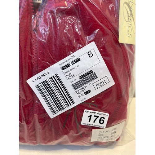 176 - Red fleece jacket, size 12-14, new in packaging.