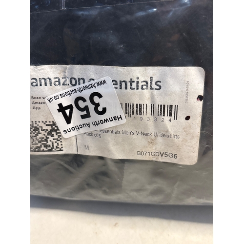 353 - Amazon Essentials Men's V-neck undershirts pack of 6 in size medium. Factory-sealed packaging with l... 