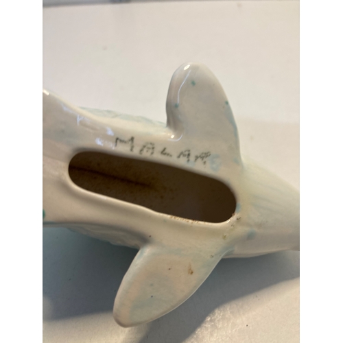 20 - Handcrafted ceramic fish figurine with light blue glaze, signed 'MALMR' on the underside; measures a... 