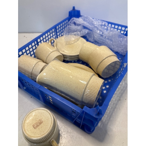 121 - Poole Pottery ceramic dinnerware set in a beige speckled glaze not postable.