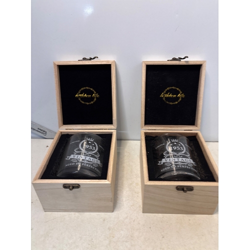 143 - etched whiskey glasses in wooden boxes.