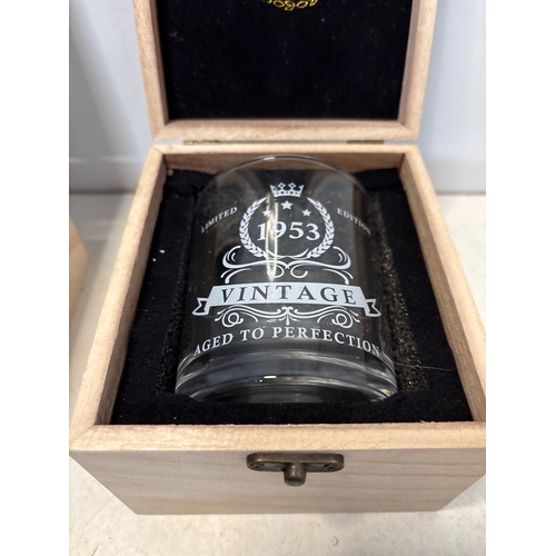 143 - etched whiskey glasses in wooden boxes.
