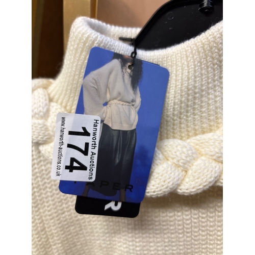 174 - White knit sweater with braided detail and high collar.size l