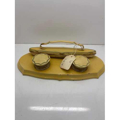 68 - Yellow 1930s vanity set with jars and base, used condition.