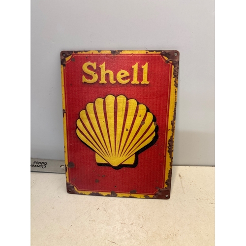 108 - Shell wooden  sign with red background and yellow logo.