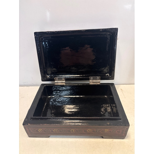 12 - Handcrafted wooden lacquer box with detailed painted exterior and finished black interior. Hinged li... 