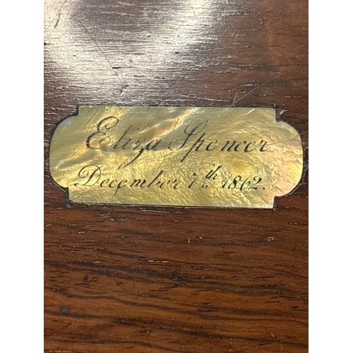 13 - Wooden writing box featuring brass inlays and an engraved plaque reading 'Eliza Spencer December 17t... 