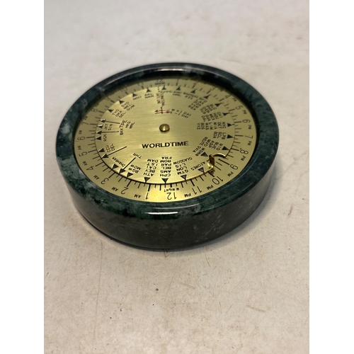 15 - Brass and stone desk clock displaying world time. Functional.