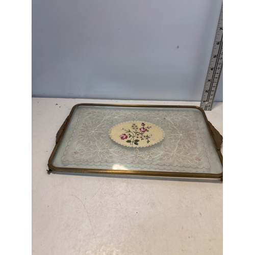 3 - Glass serving tray with floral motif, brass handles.