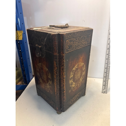 30 - Decorative wooden wine box with lock, ornate design, divided interior.