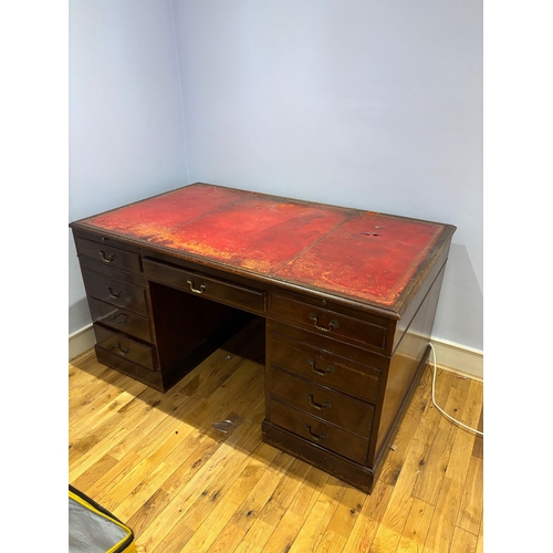 48 - Mahogany partners desk with red leather top and drawers.