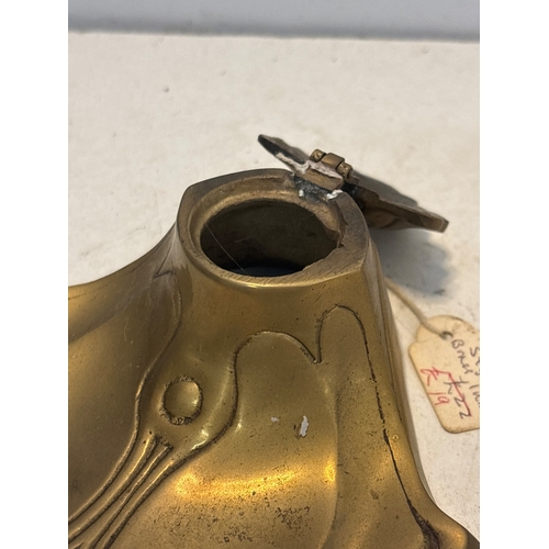 57 - Art Nouveau brass inkwell with ornate floral details and hinged lid. Features wear and patina consis... 