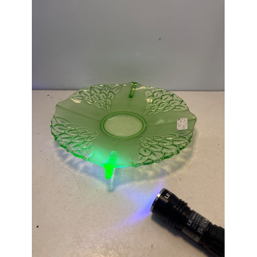 59 - Green uranium glass dish with leaf motif design.