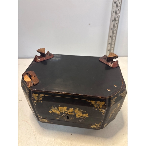 6 - Octagonal lacquered tea caddy with painted gold details, interior metal canisters, and lockable exte... 