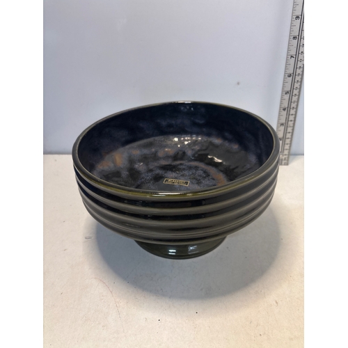 7 - Mid-century ceramic bowl by Blakeney, Stoke-on-Trent. Features a ribbed exterior and glossy green an... 