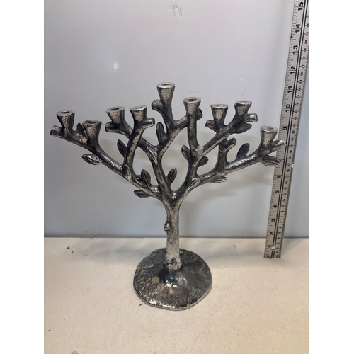 9 - Metal tree branch-shaped candelabra with 9 holders, standing on a circular base, approximately 12 in... 