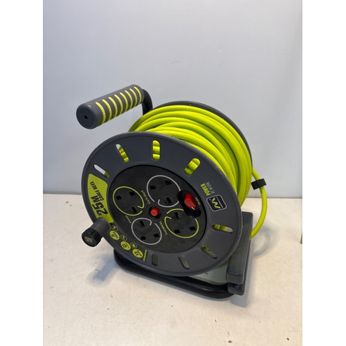 110 - 125ft cable reel with yellow cord, 4 outlets, and handle.